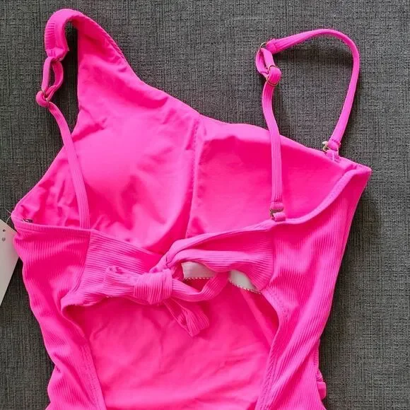 🆕️2023 BECCA BY REBECCA VIRTUE Pink Ribbed Asymmetrical One Piece Swimsuit M - Picture 10 of 14